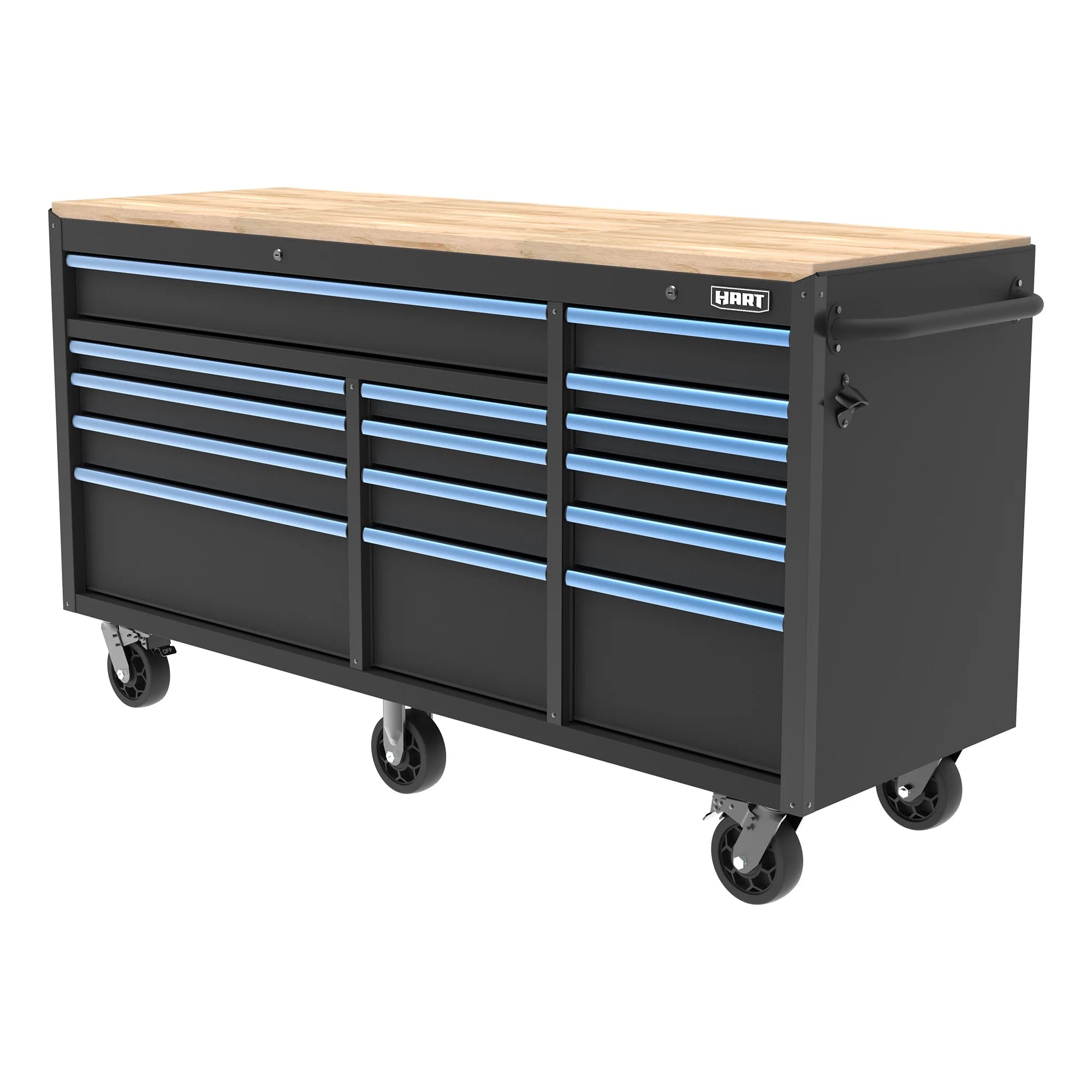 72-Inch 15-Drawer Mobile Workbench with Solid Wood Top, Heavy-Duty Rolling Tool Chest