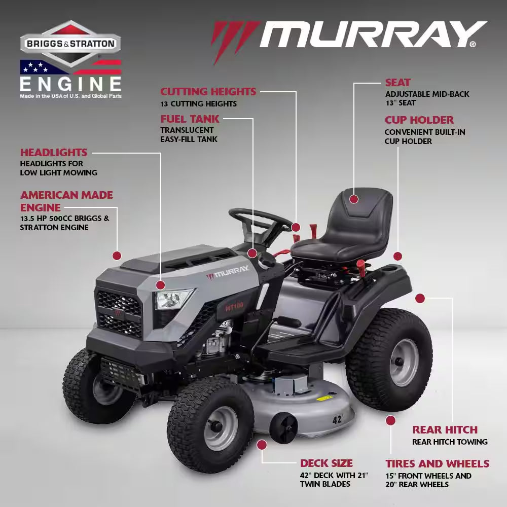 MT100 42 In. 13.5 HP 500Cc E1350 Series Briggs and Stratton Engine 6-Speed Manual Gas Riding Lawn Tractor Mower