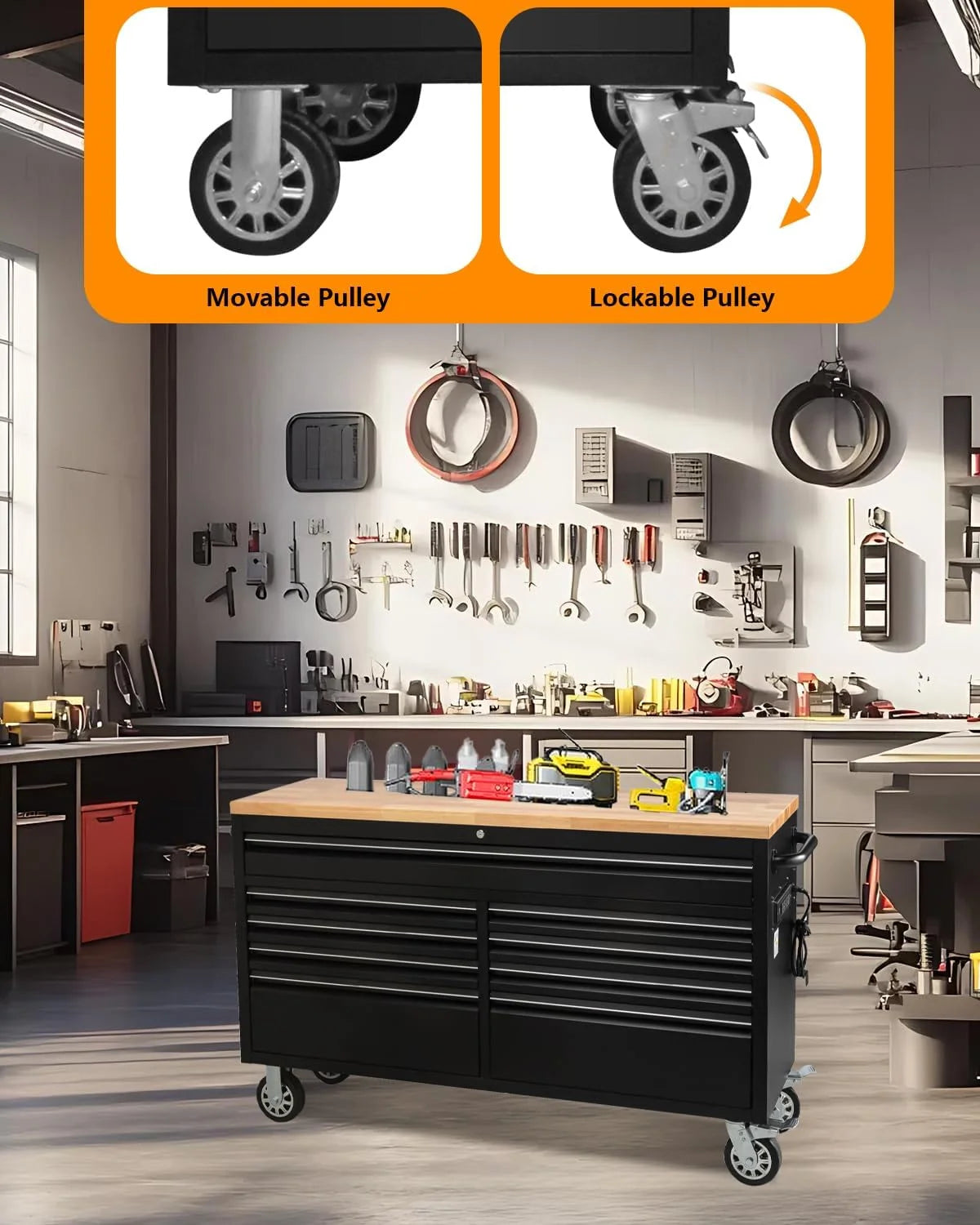 61" Rolling Tool Chest with 9 Drawers, Lockable Tool Cabinet with Wheels, Mobile Workbench for Garage and Workshop Storage, Large Rolling Tool Chest