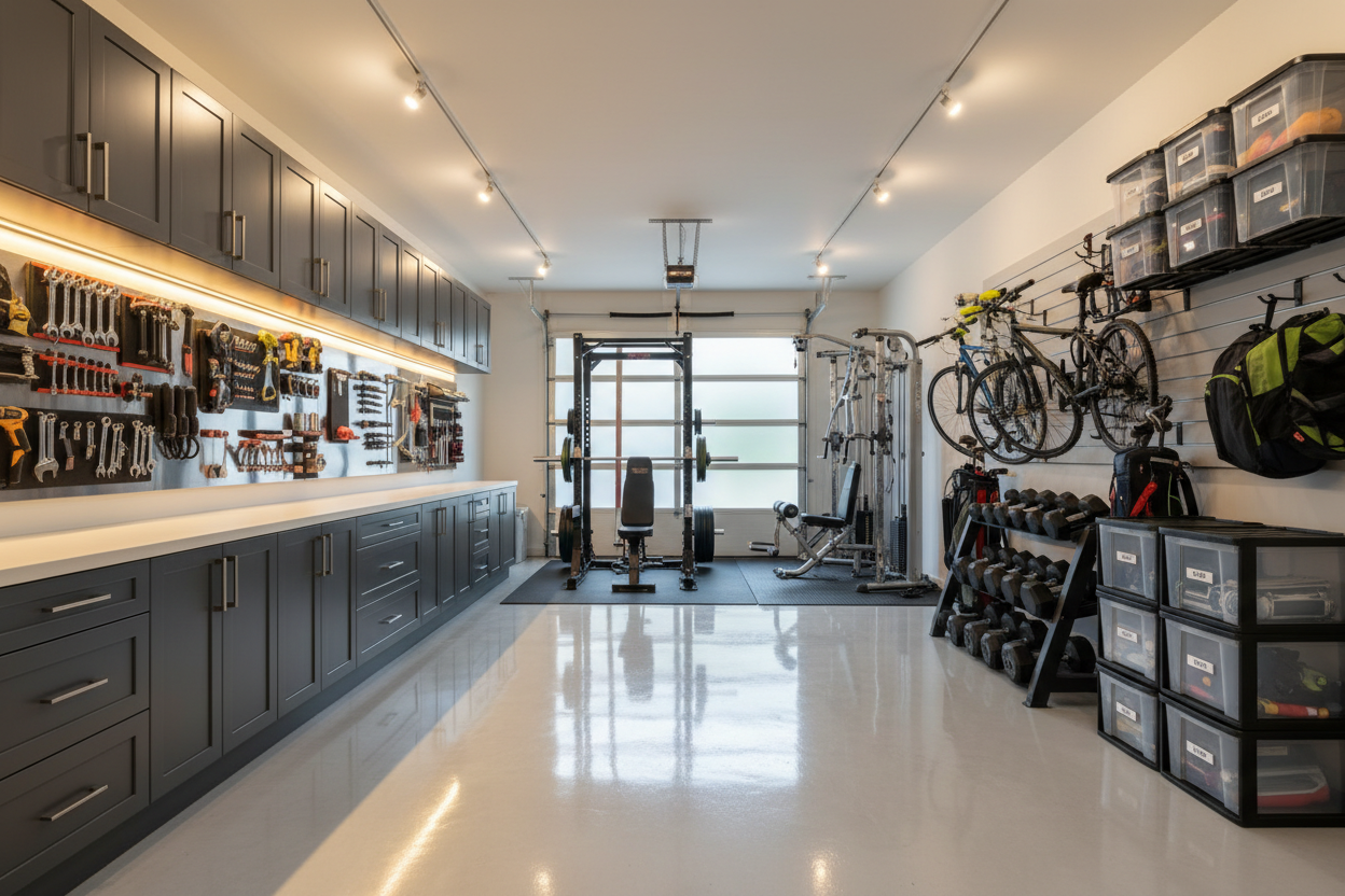 A garage tour that includes these 3 tools within my store collections list:
Professional Garage Cabinet and wall Systems
Gym Legend-Level Strength Equipment
Integrated Wall & Organization Systems
These elements must be clearly displayed to show a luxurious and organized Garage space
