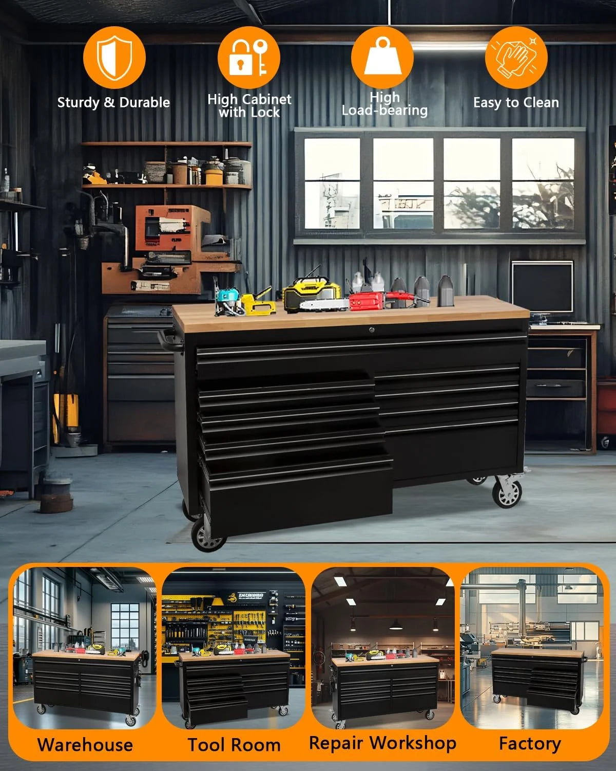 61" Rolling Tool Chest with 9 Drawers, Lockable Tool Cabinet with Wheels, Mobile Workbench for Garage and Workshop Storage, Large Rolling Tool Chest