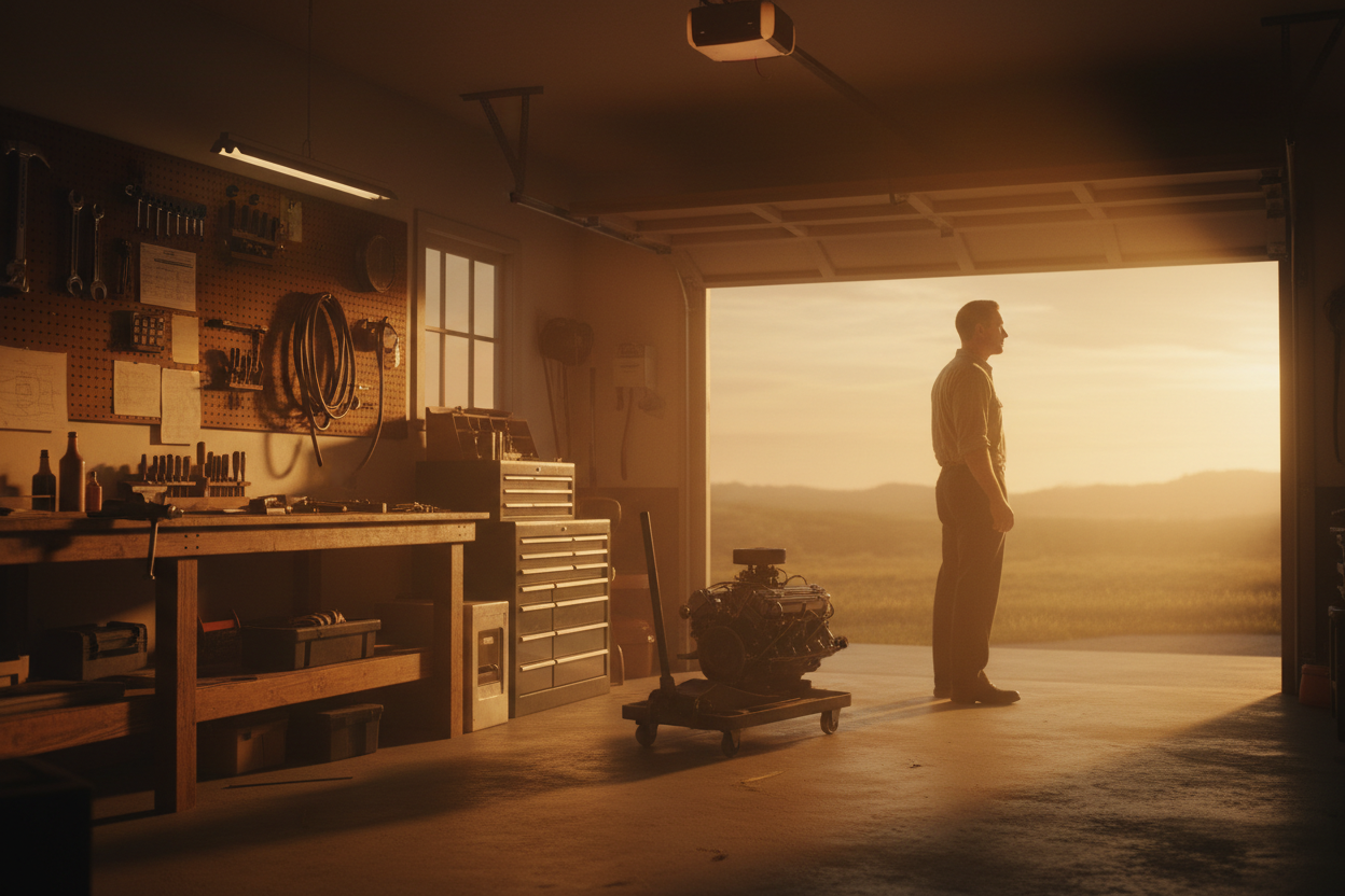 An image telling a story of how the concept of home garage with tools storage store got founded
Give it more of a landscape image with a man thinking about the future