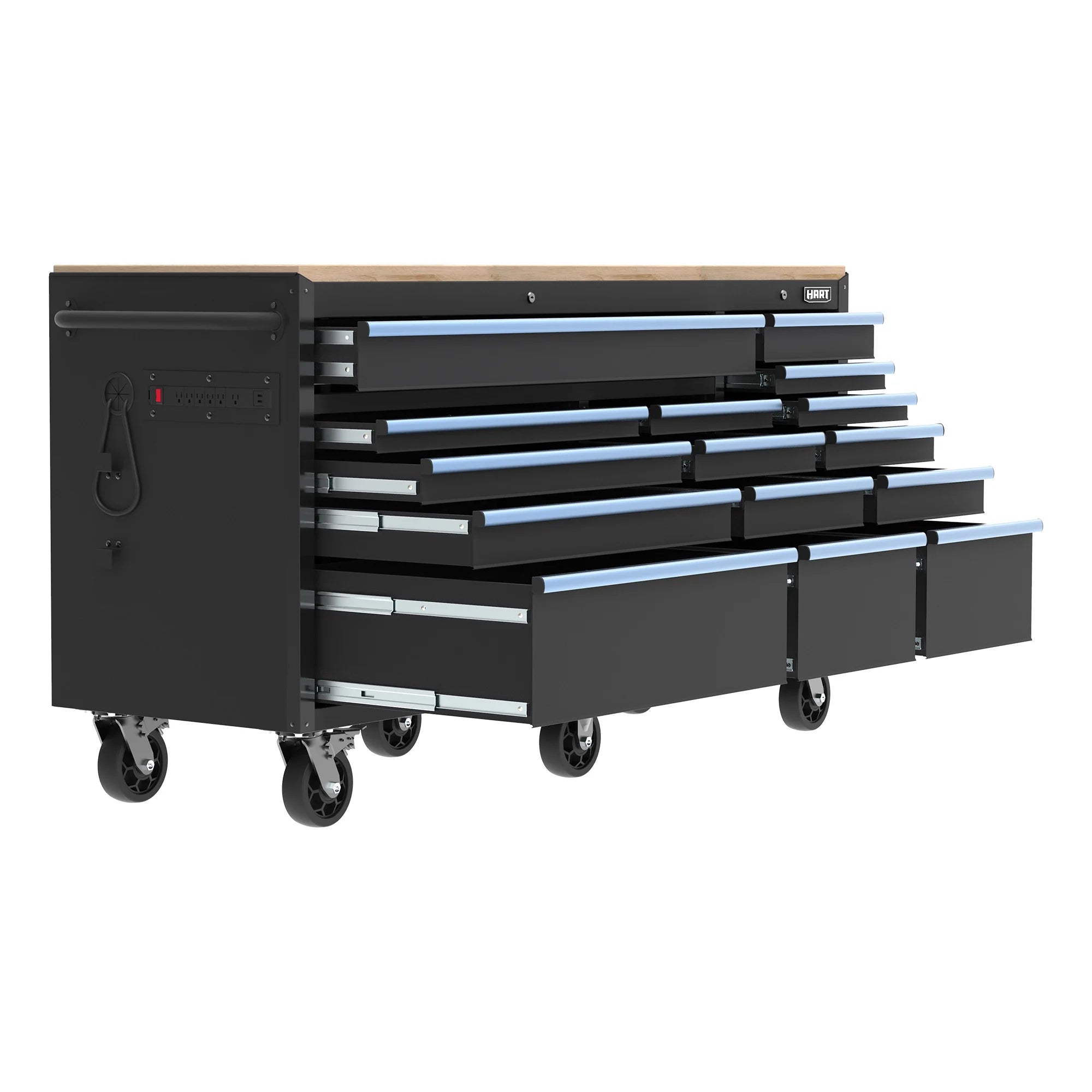 72-Inch 15-Drawer Mobile Workbench with Solid Wood Top, Heavy-Duty Rolling Tool Chest