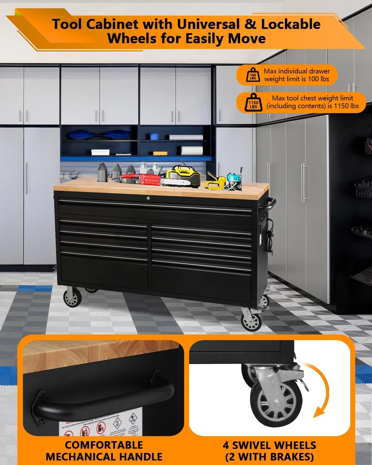 61" Rolling Tool Chest with 9 Drawers, Lockable Tool Cabinet with Wheels, Mobile Workbench for Garage and Workshop Storage, Large Rolling Tool Chest