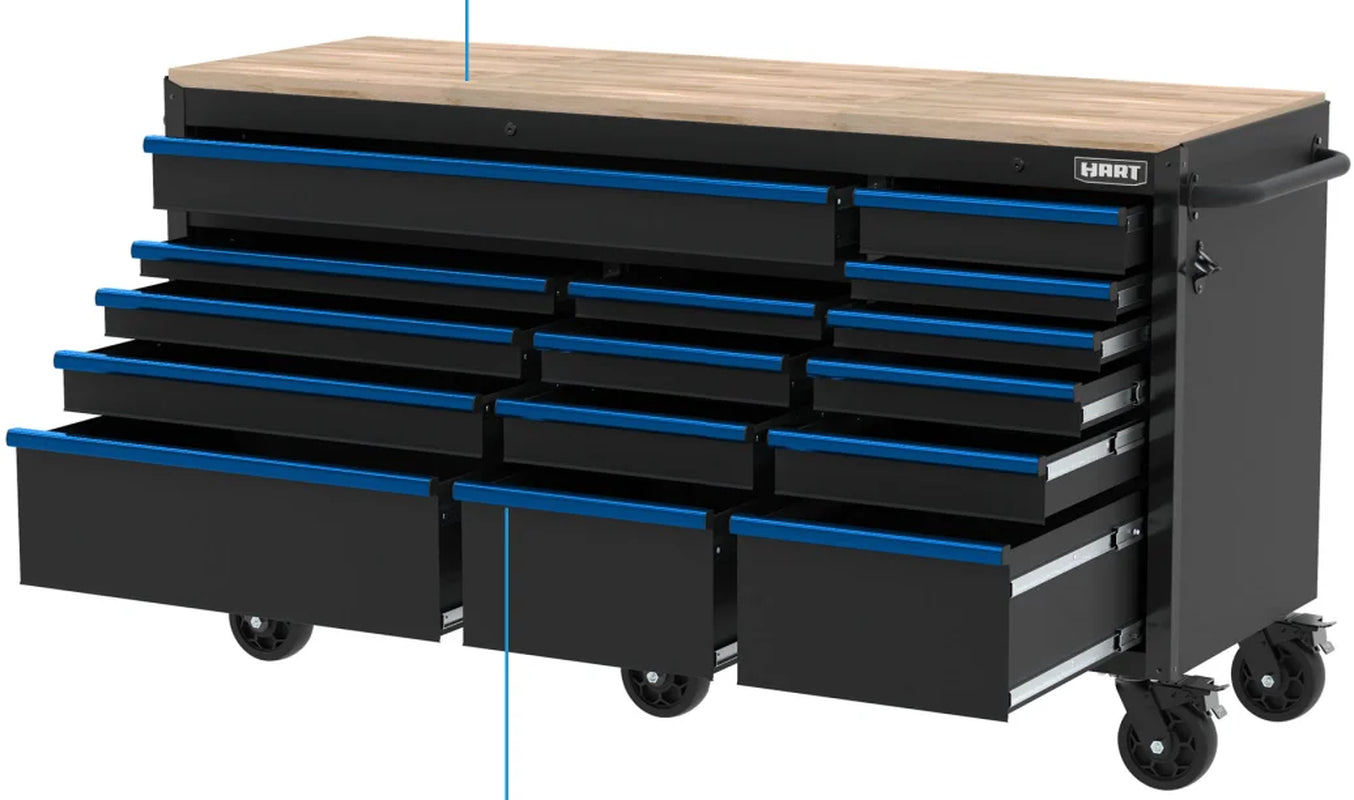 72-Inch 15-Drawer Mobile Workbench with Solid Wood Top, Heavy-Duty Rolling Tool Chest