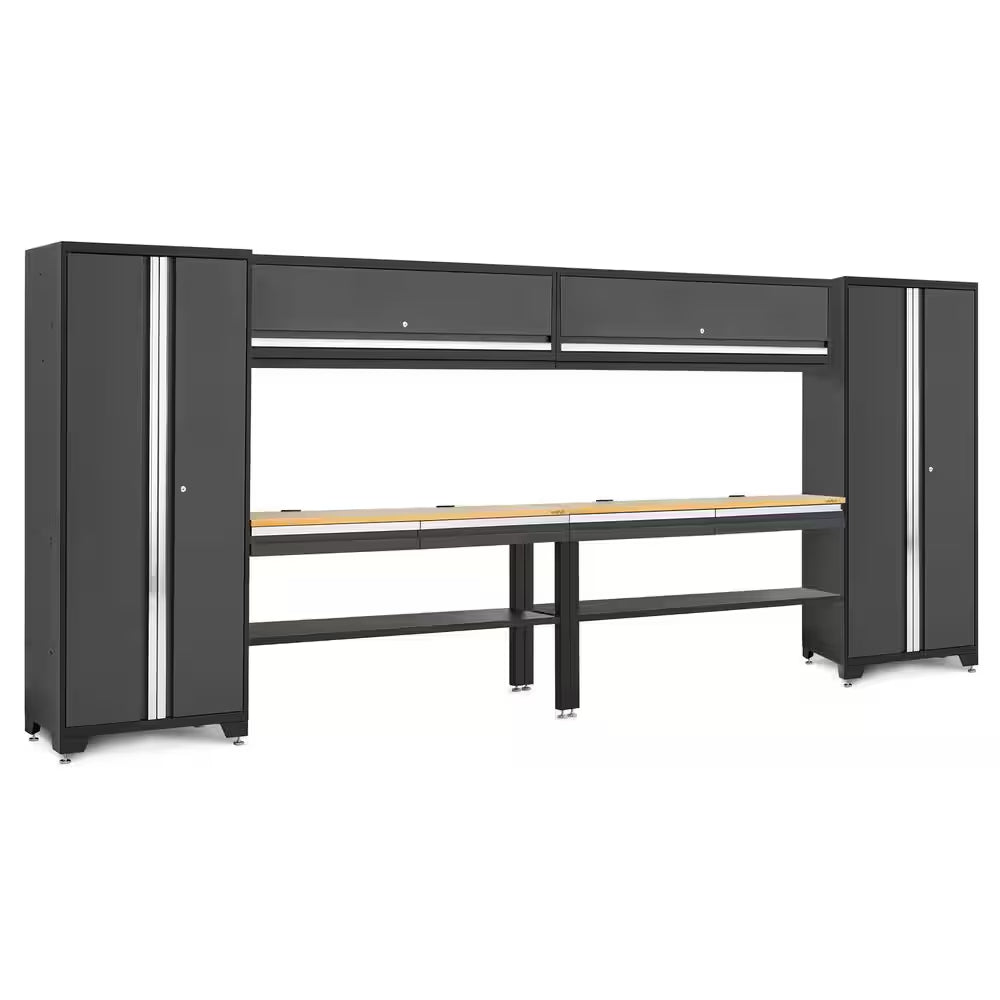 Bold Series 180" W X 76.75" H X 18" D Pre Assembled 24-Gauge Steel 8-Piece Garage Storage System in Gray, Bamboo Worktop