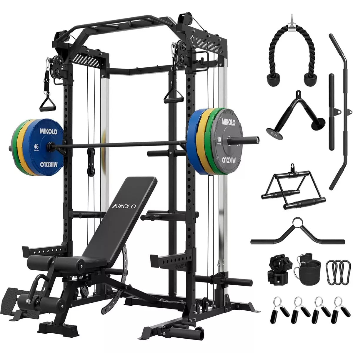 ER KANG Power Cage, 2000LB Squat Rack, Dual Pulley Cable Crossover System, Multi-Function Free Weight Home Gym Workout Machine with Attachments