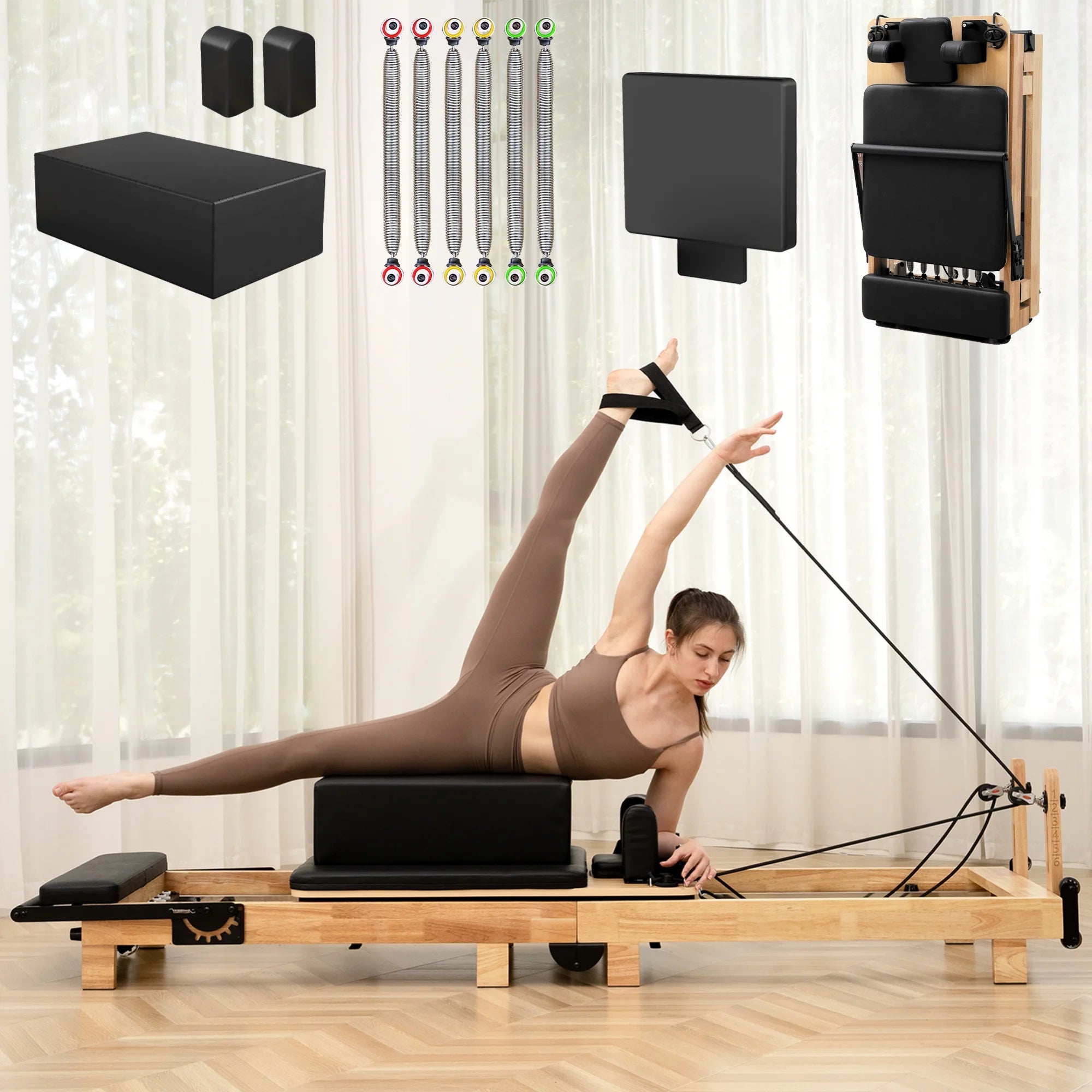 Pilates Reformer Machine, Wood Pilates Machine Bed Yoga Exercise Strength Training Equipment for Home Workout