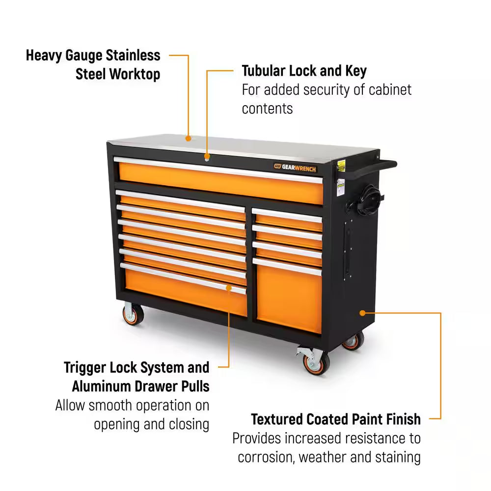 GSX 52 In. X 18 In. 11-Drawer Orange and Black Powder Coated Steel Rolling Tool Cabinet with Stainless Steel Worktop