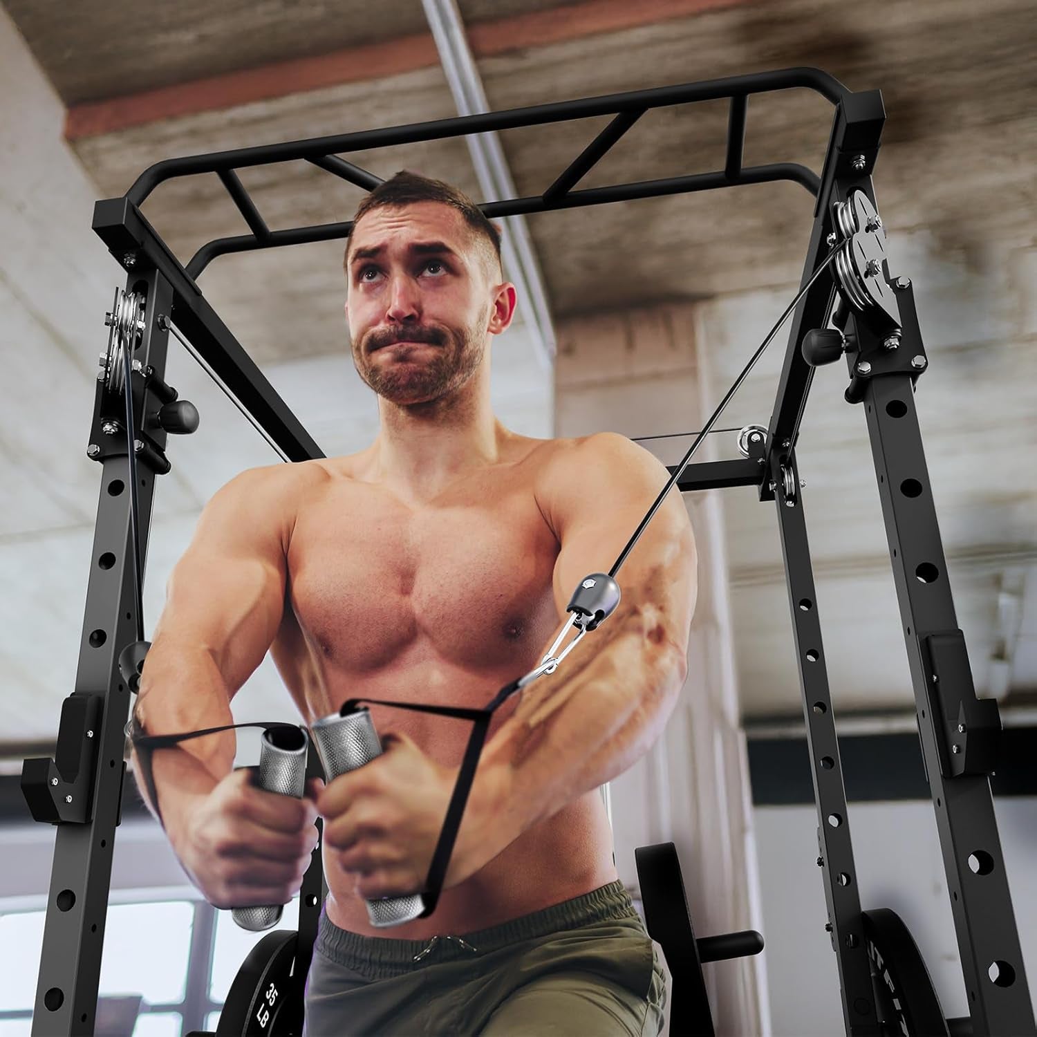 PPC-P3 Power Cage with Optional LAT Pulldown/Cable Crossover, 1200LB Squat Rack for Home & Garage Gym, with Weight Storage Rack and More Training Attachments, Astm-Certified