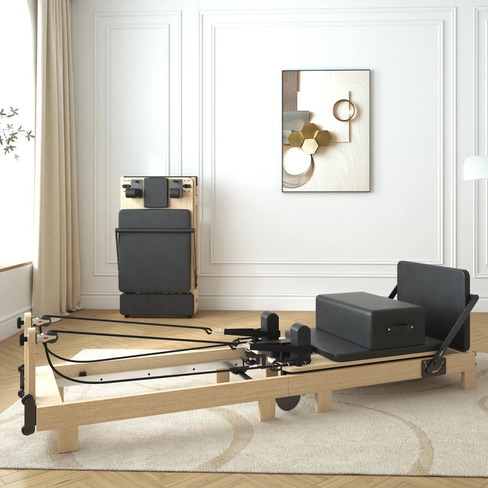 Pilates Reformer Machine, Wood Pilates Machine Bed Yoga Exercise Strength Training Equipment for Home Workout