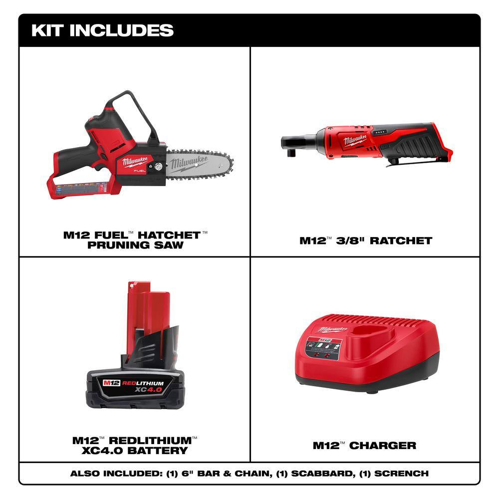 M12 FUEL 12V Lithium-Ion Brushless Battery 6 In. HATCHET Pruning Saw Kit W/3/8 In. Ratchet, 4.0 Ah Battery, Charger
