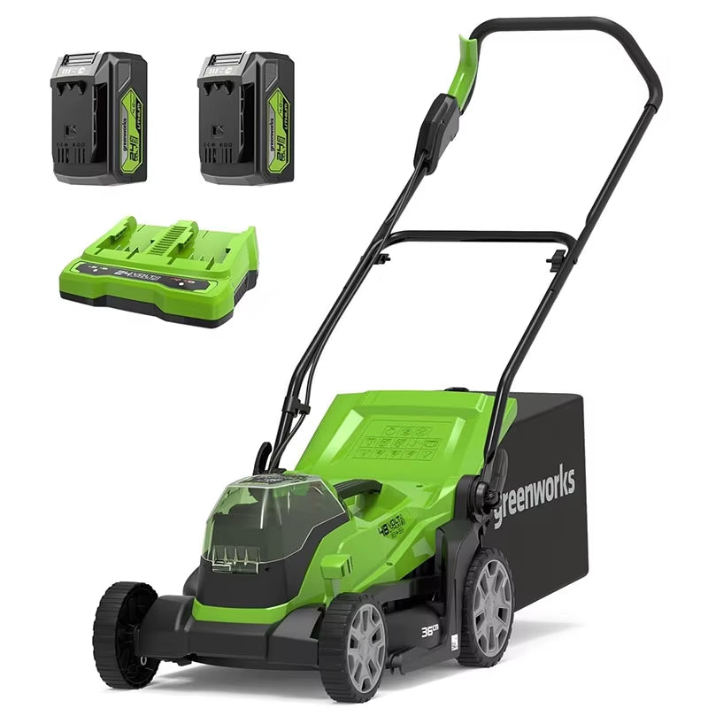 Greenworks 24+24V Cordless Lawnmower for Lawns up to 420M², 36Cm Cutting Width, 40L Bag with 2*4Ah Battey +Charger