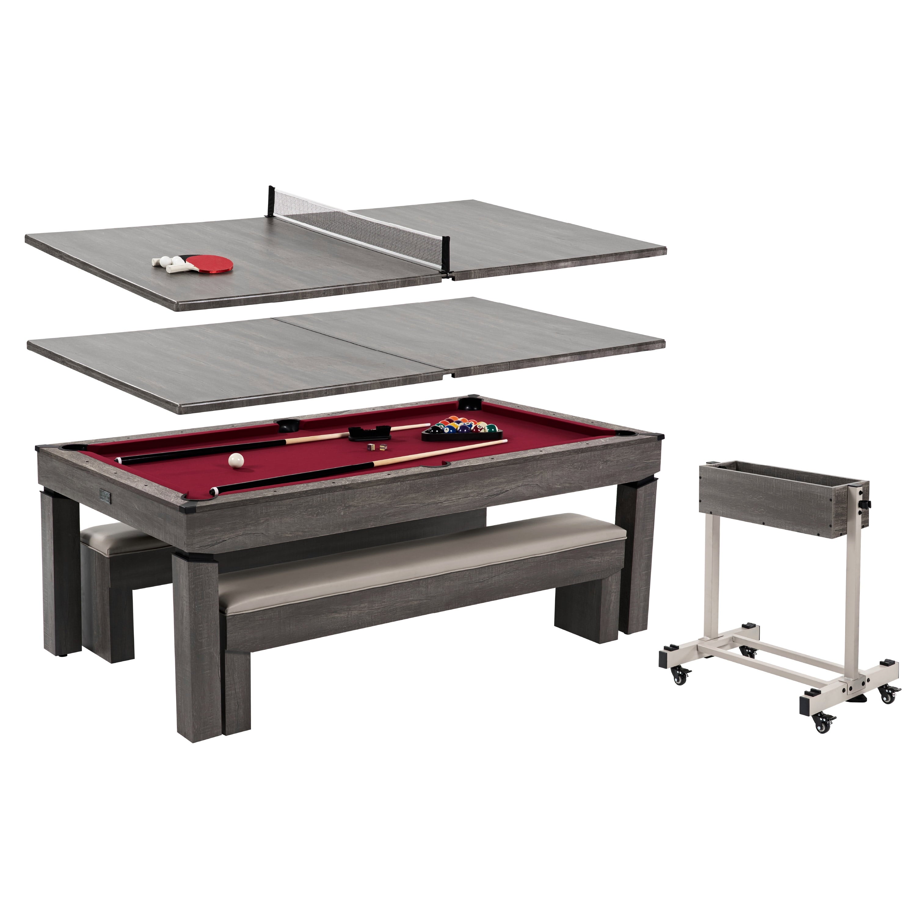 7' Pool Table, 3-In-1 Dining Top & Table Tennis with Game Accessories & Rolling Storage Caddy Prescott