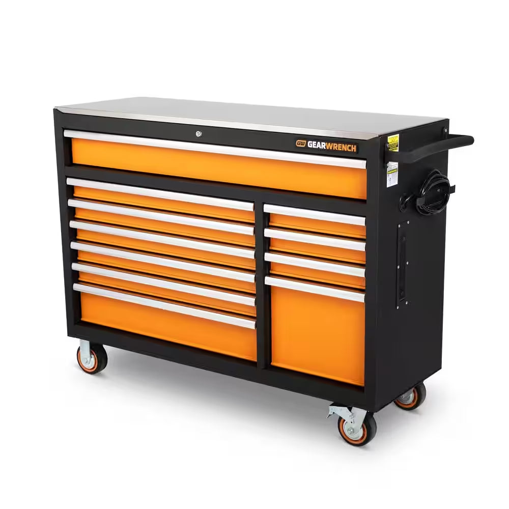 GSX 52 In. X 18 In. 11-Drawer Orange and Black Powder Coated Steel Rolling Tool Cabinet with Stainless Steel Worktop