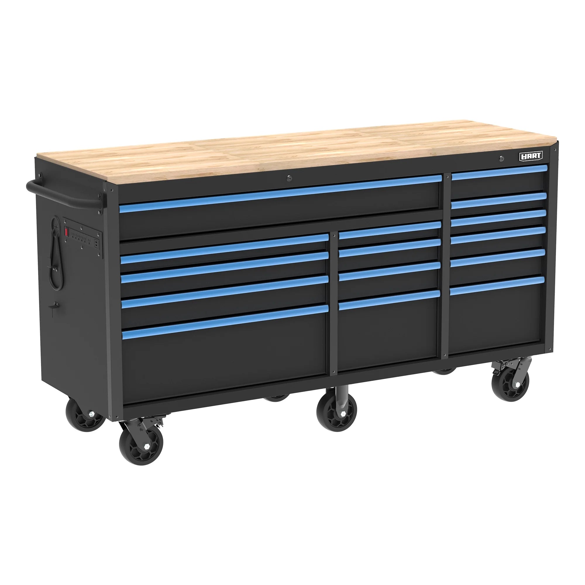 72-Inch 15-Drawer Mobile Workbench with Solid Wood Top, Heavy-Duty Rolling Tool Chest