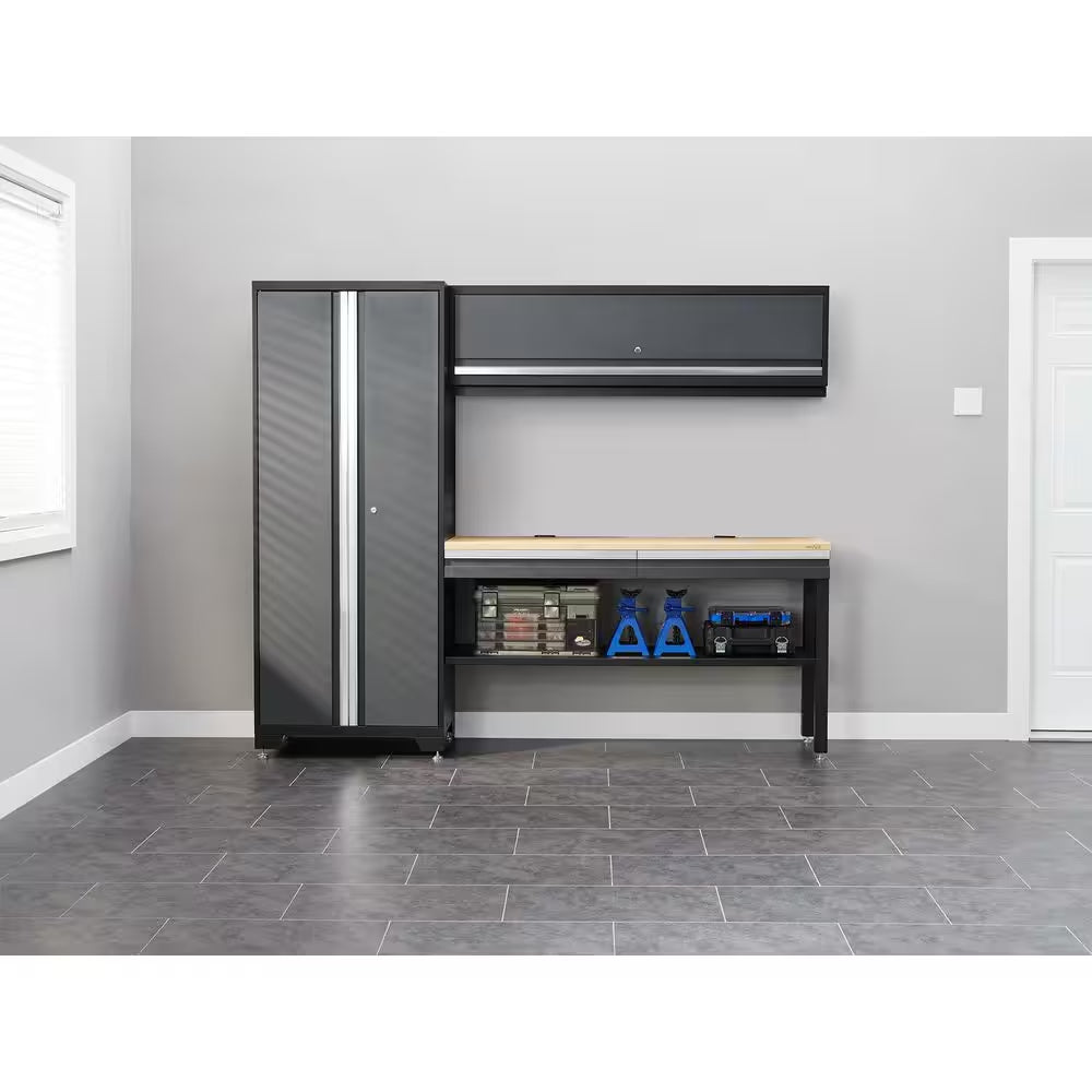 Bold Series 180" W X 76.75" H X 18" D Pre Assembled 24-Gauge Steel 8-Piece Garage Storage System in Gray, Bamboo Worktop