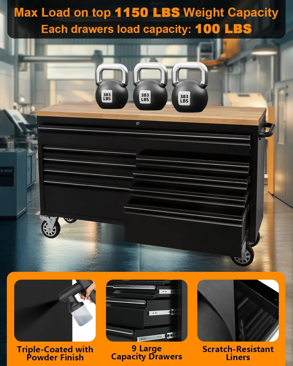 61" Rolling Tool Chest with 9 Drawers, Lockable Tool Cabinet with Wheels, Mobile Workbench for Garage and Workshop Storage, Large Rolling Tool Chest