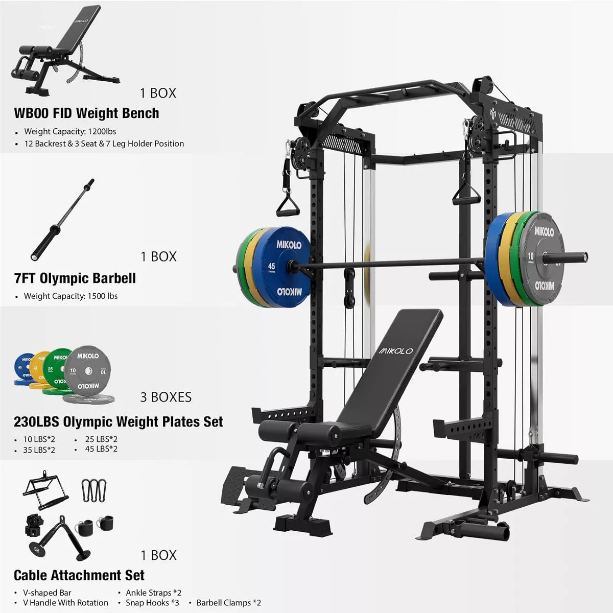 ER KANG Power Cage, 2000LB Squat Rack, Dual Pulley Cable Crossover System, Multi-Function Free Weight Home Gym Workout Machine with Attachments