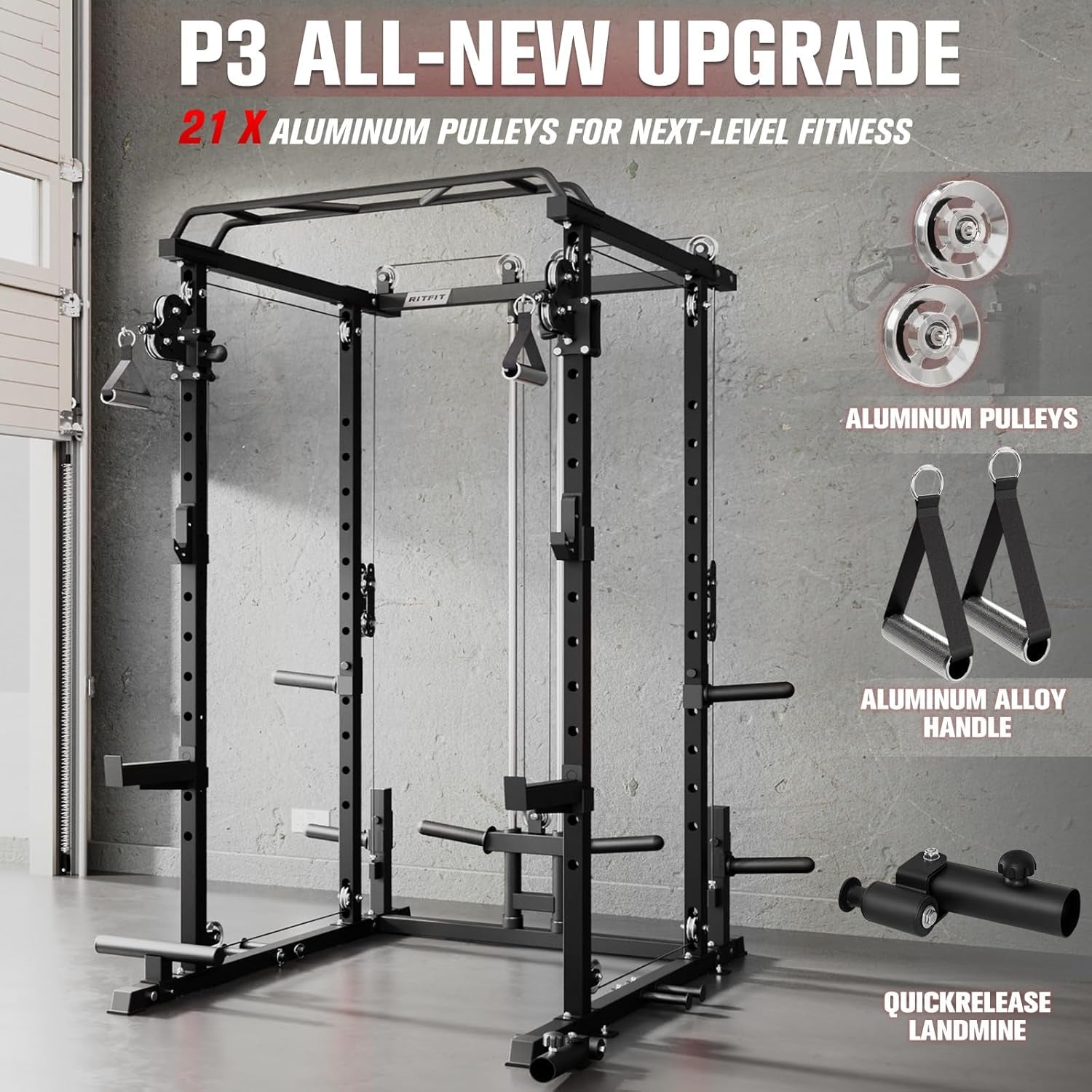 PPC-P3 Power Cage with Optional LAT Pulldown/Cable Crossover, 1200LB Squat Rack for Home & Garage Gym, with Weight Storage Rack and More Training Attachments, Astm-Certified