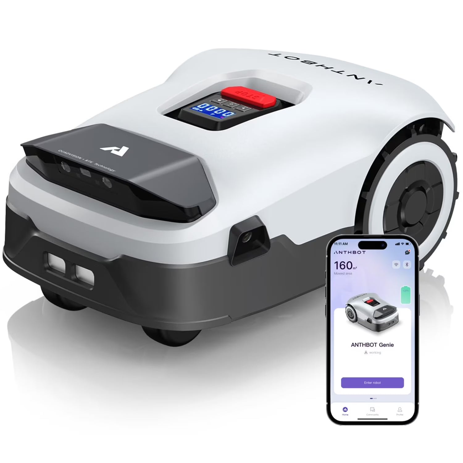 Genie 3000 Robotic Lawn Mower Covers up to 0.9 Acres, Full Band RTK + 4-Eye Vision, AI Smart Obstacle Avoidance & Lawn Maintenance