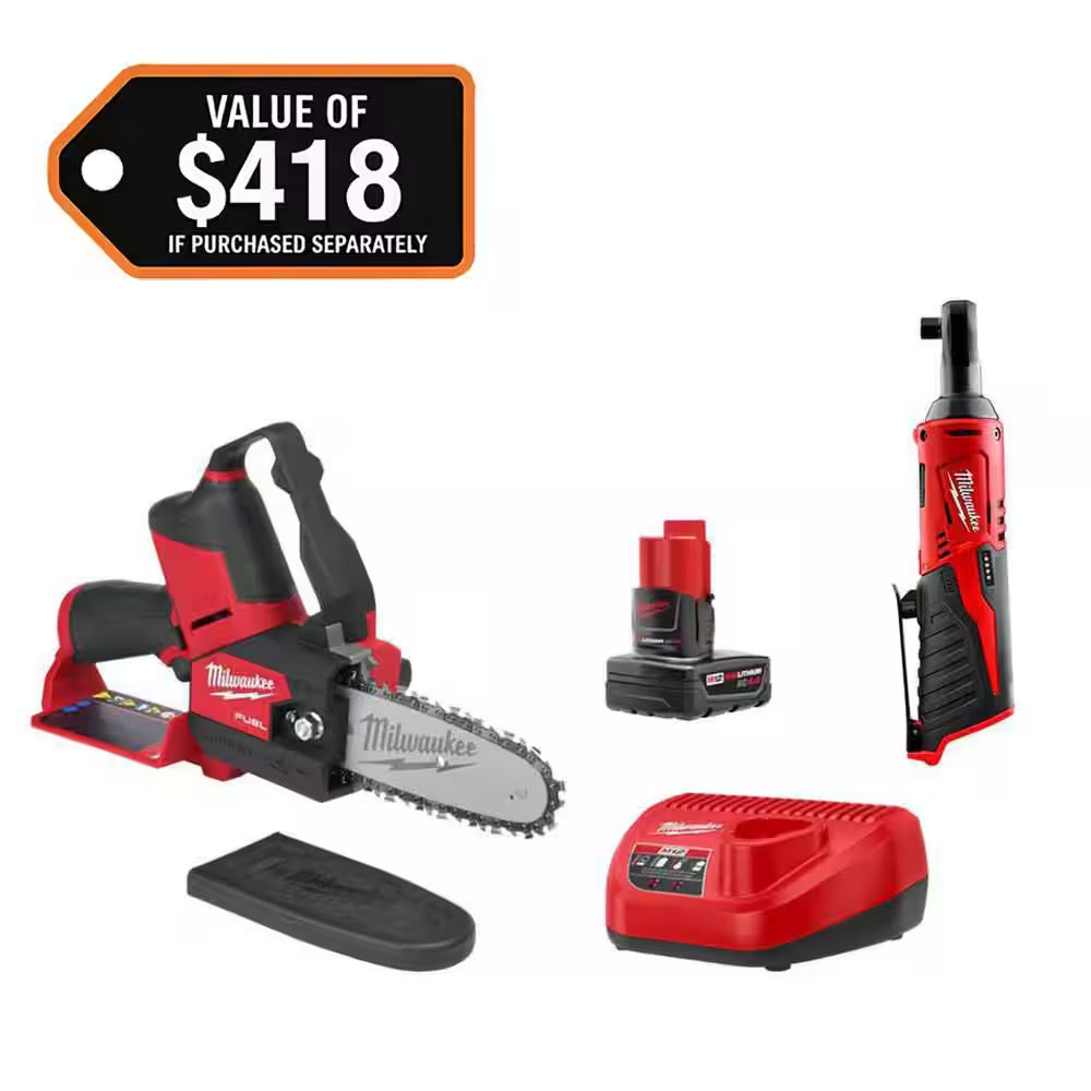 M12 FUEL 12V Lithium-Ion Brushless Battery 6 In. HATCHET Pruning Saw Kit W/3/8 In. Ratchet, 4.0 Ah Battery, Charger