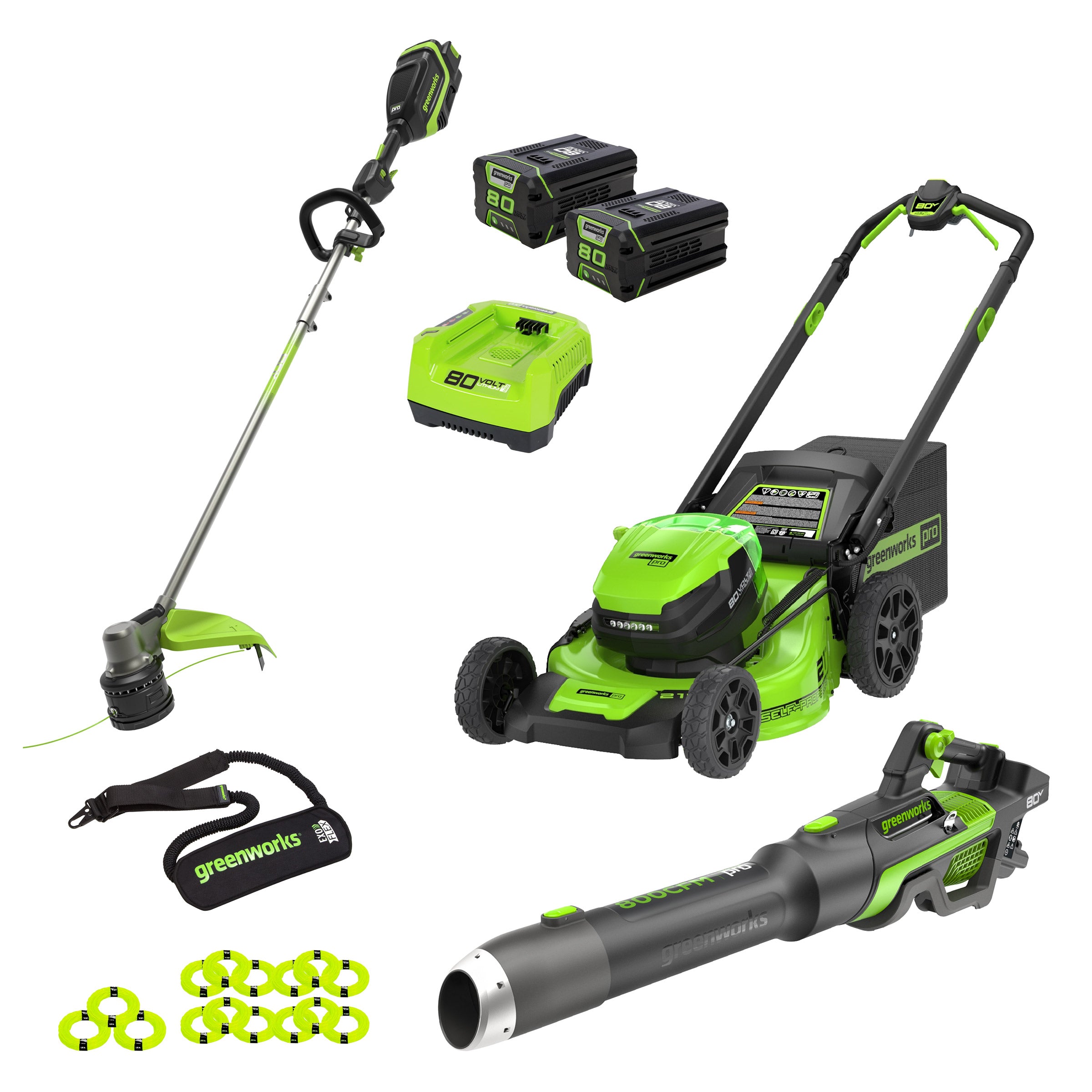 Greenworks 80V 21” Mower, 800CFM Blower, 17” Trimmer Combo Kit​