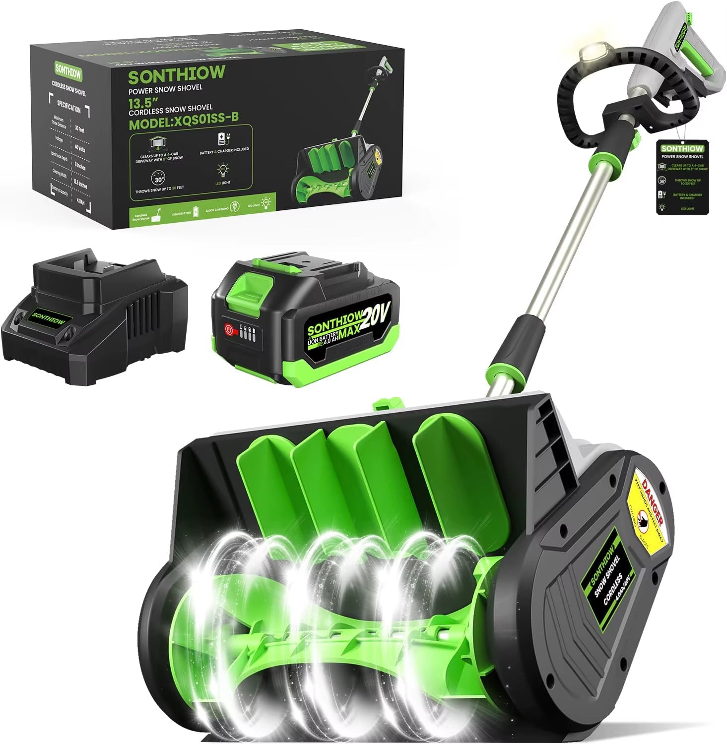 Brushless Cordless Snow Shovel, 13.5' Electric Snow Blower with 4.0Ah Battery, 25FT Throw Distance for Driveway, Steps, Patio