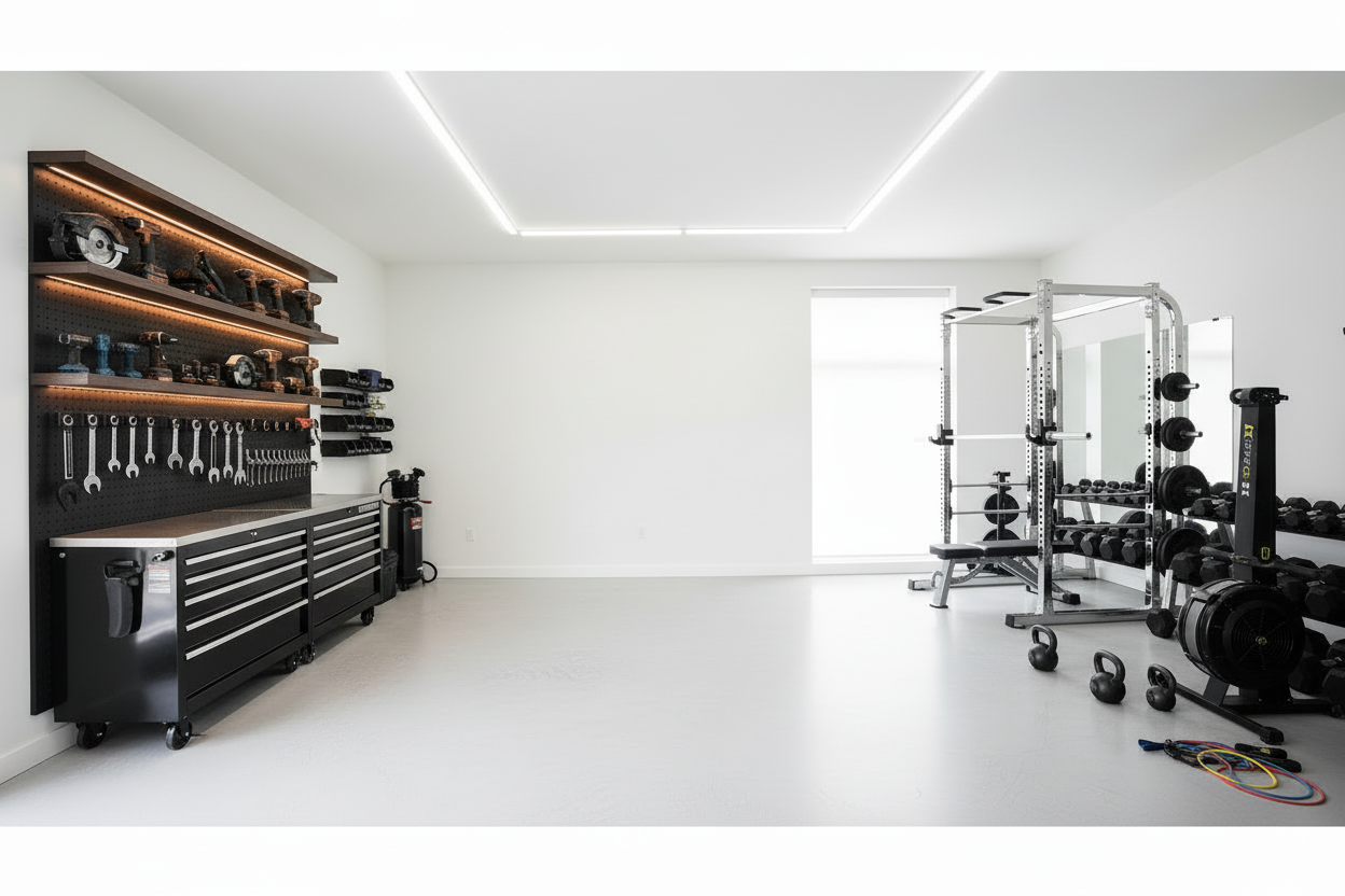 Make the overall room fuller with more garage equipement and gym equipement
the middle center needs some space for me to add text later